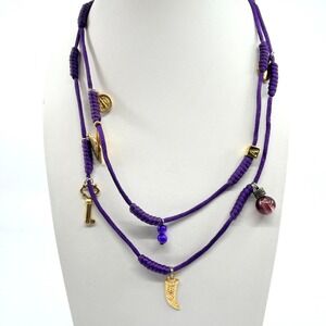 VTG Purple Silk Cord Multi Charm Necklace Gold Tone Key Heart Italy